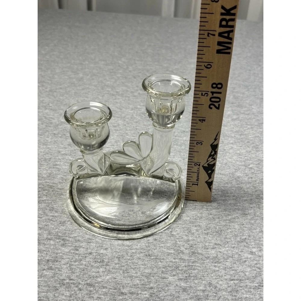 2 Glass Candle Holders VTG Jeanette 1950s Pair Clear Double‎ Lite 3375 Tulip Art